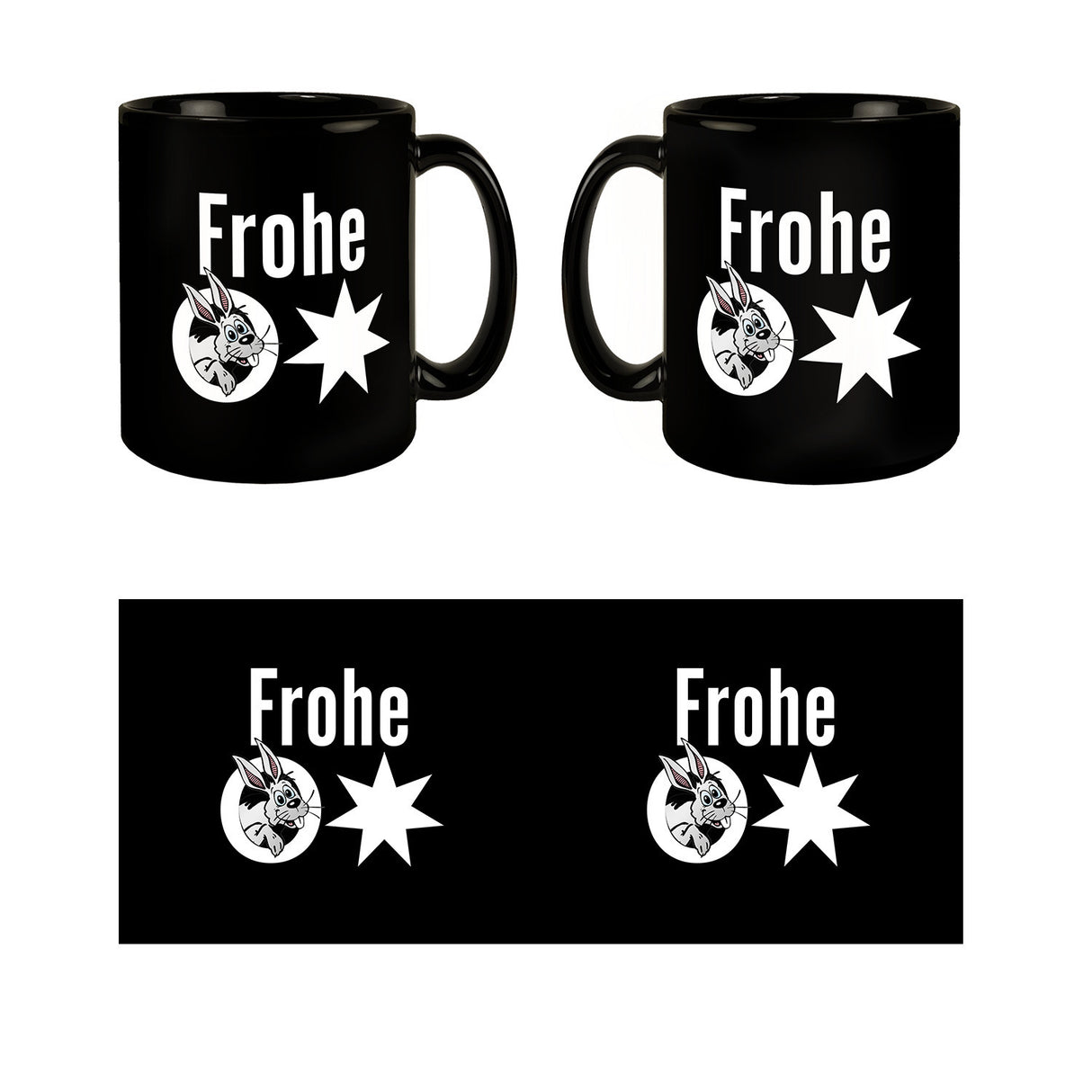 Osterhase Tasse in Schwarz mit Spruch: Frohe Ostern