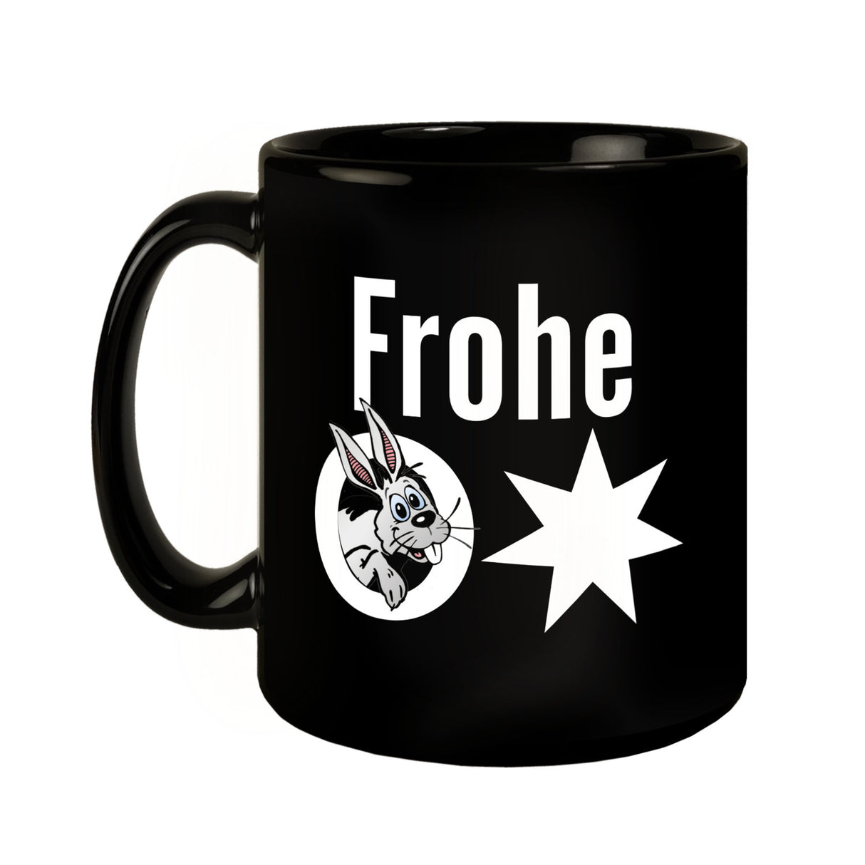 Osterhase Tasse in Schwarz mit Spruch: Frohe Ostern