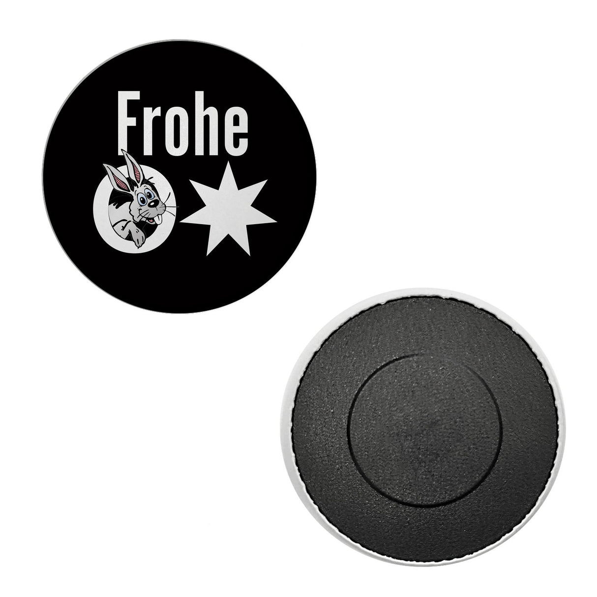 Osterhase Magnet rund mit Spruch: Frohe Ostern