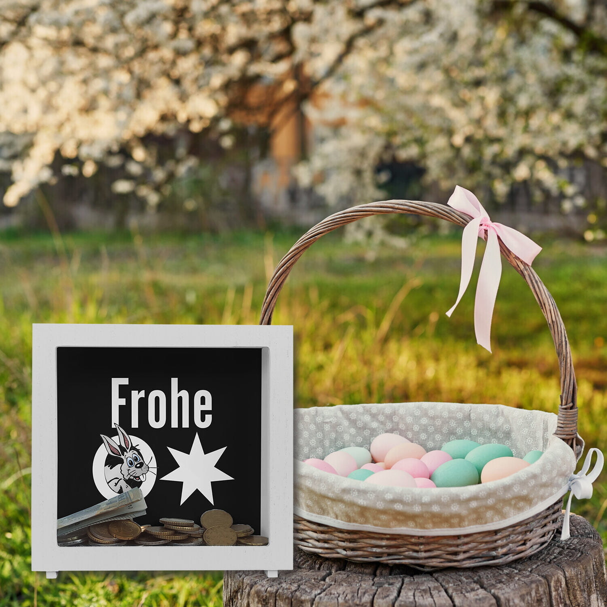 Osterhase Spardose mit Spruch: Frohe Ostern