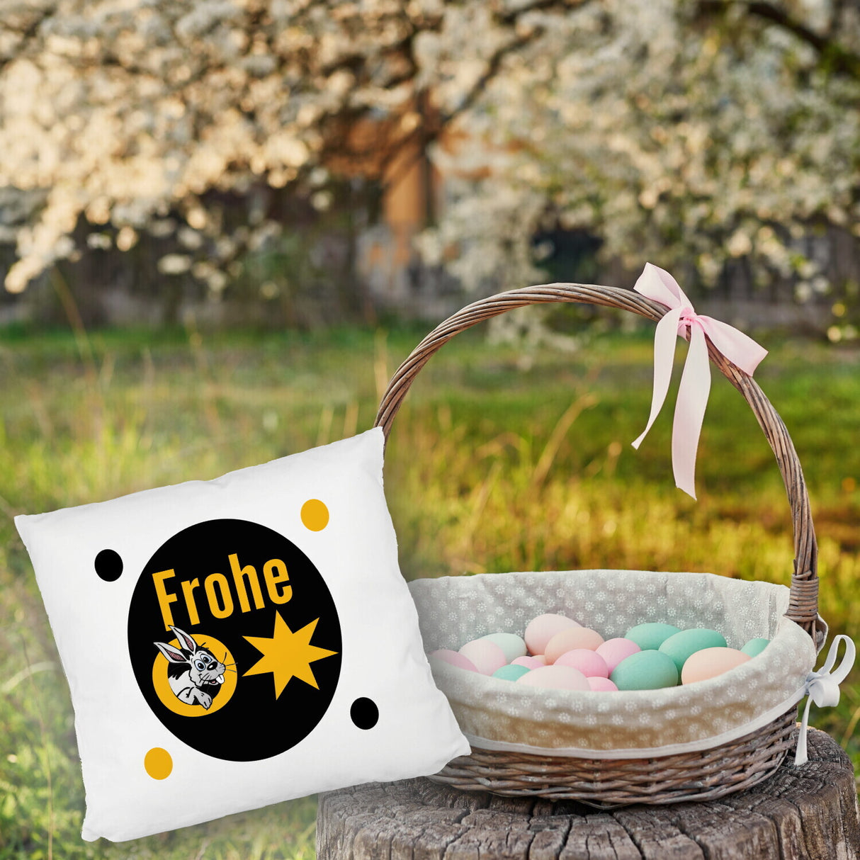 Osterhase Kissen mit Spruch: Frohe Ostern