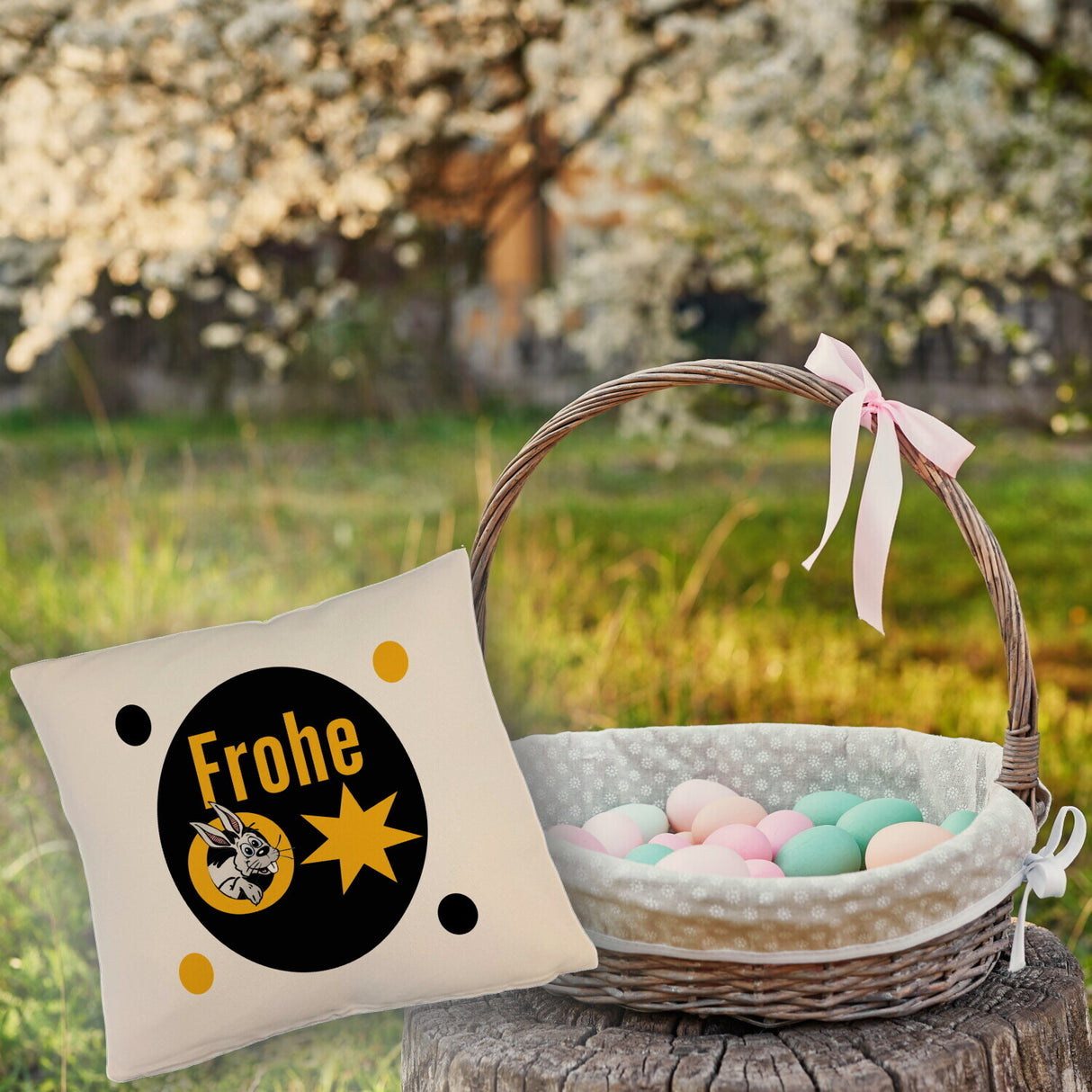 Osterhase Kissen mit Spruch: Frohe Ostern