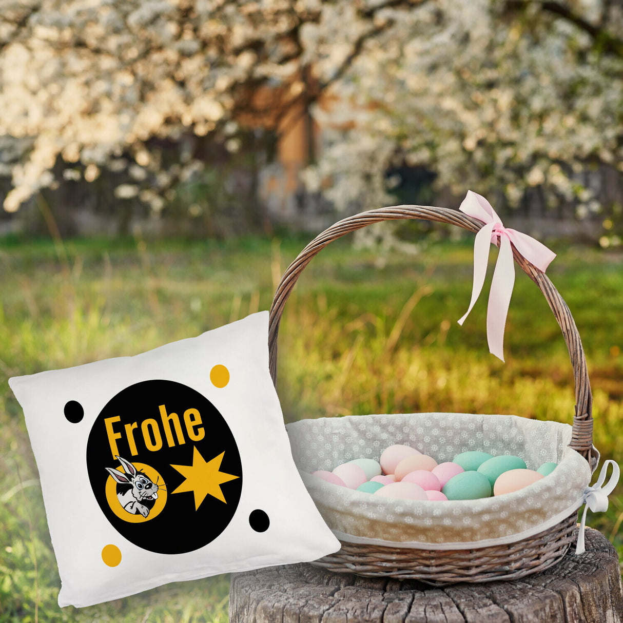 Osterhase Kissen mit Spruch: Frohe Ostern