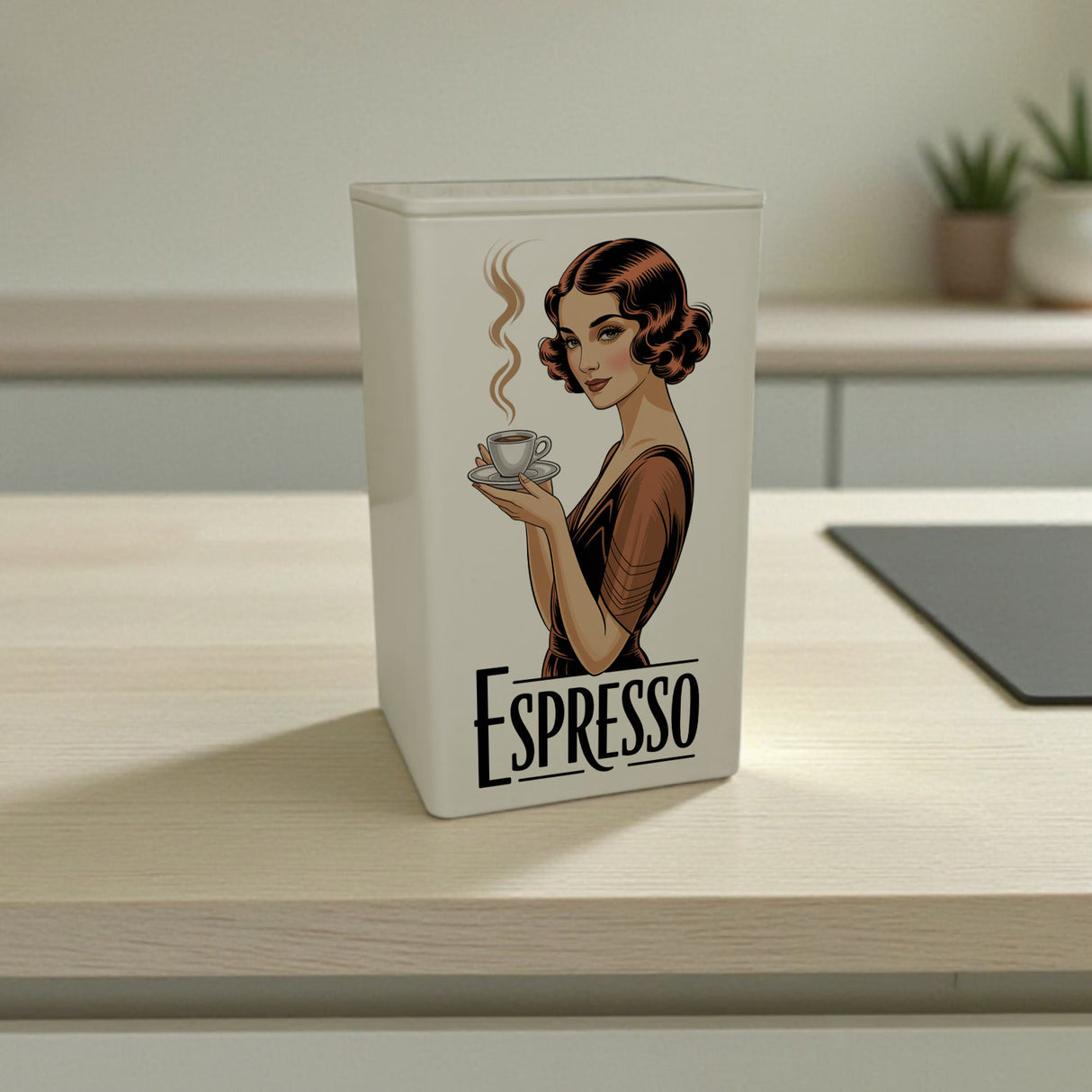 Vintage Frau trinkt Espresso KaffeeDose 900ml im Art Deco Stil