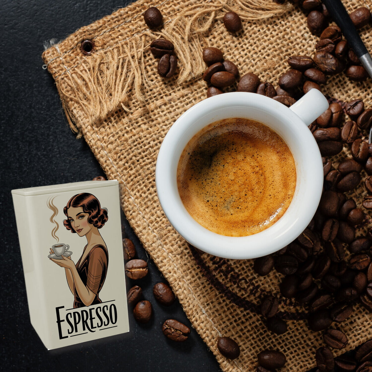 Vintage Frau trinkt Espresso KaffeeDose 900ml im Art Deco Stil