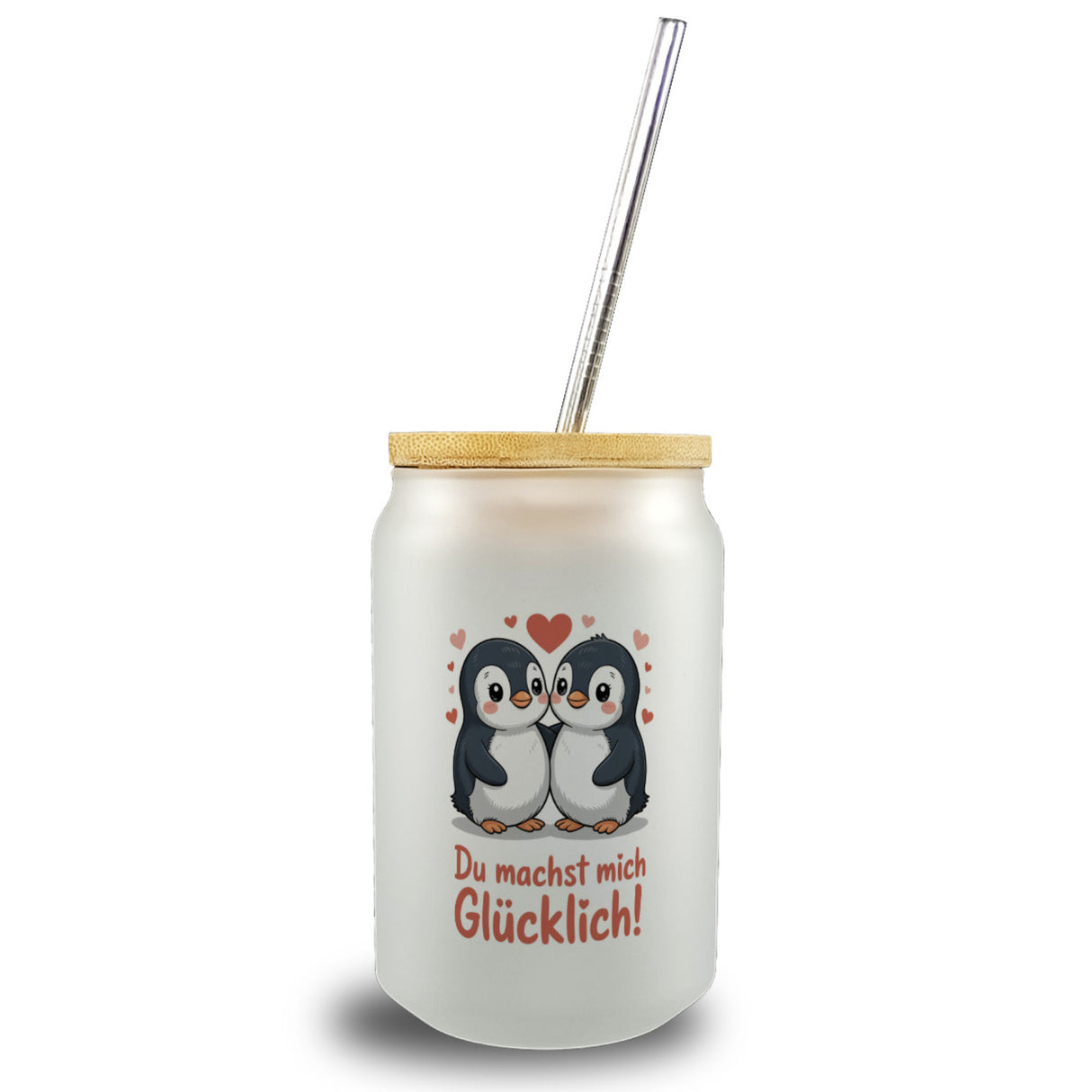 Kawaii Pinguine - Du machst mich glücklich Trinkglas mit Bambusdeckel