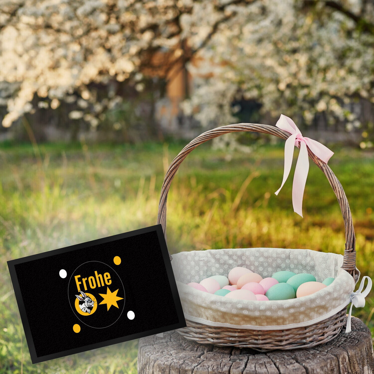 Osterhase Fußmatte in 35x50 cm mit Spruch: Frohe Ostern