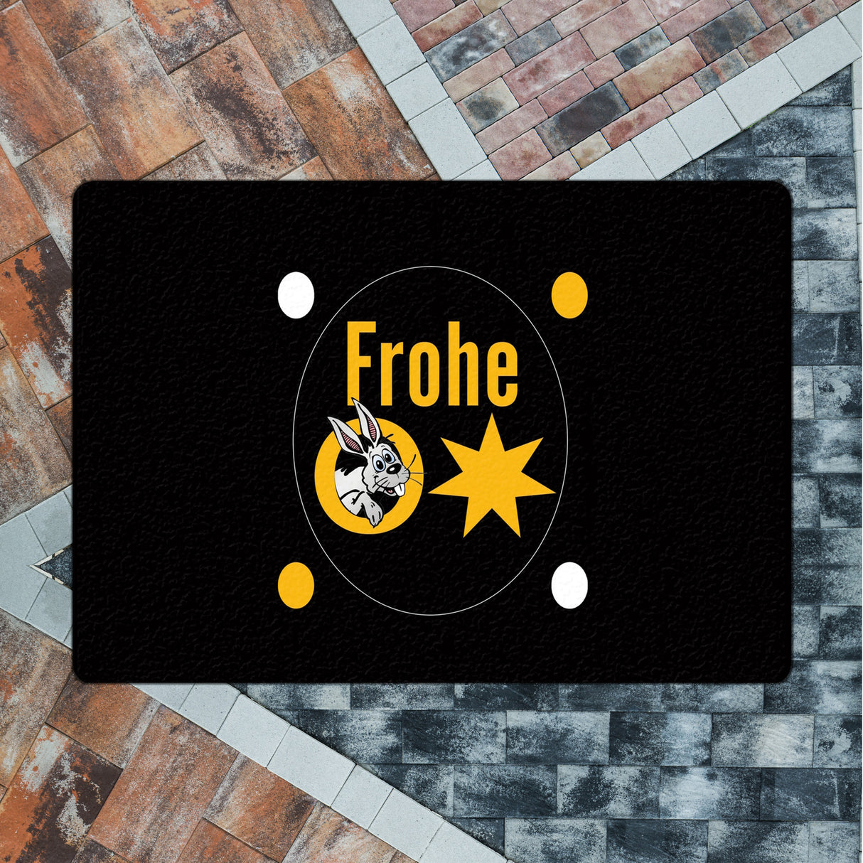 Osterhase Fußmatte in 35x50 cm ohne Rand mit Spruch: Frohe Ostern