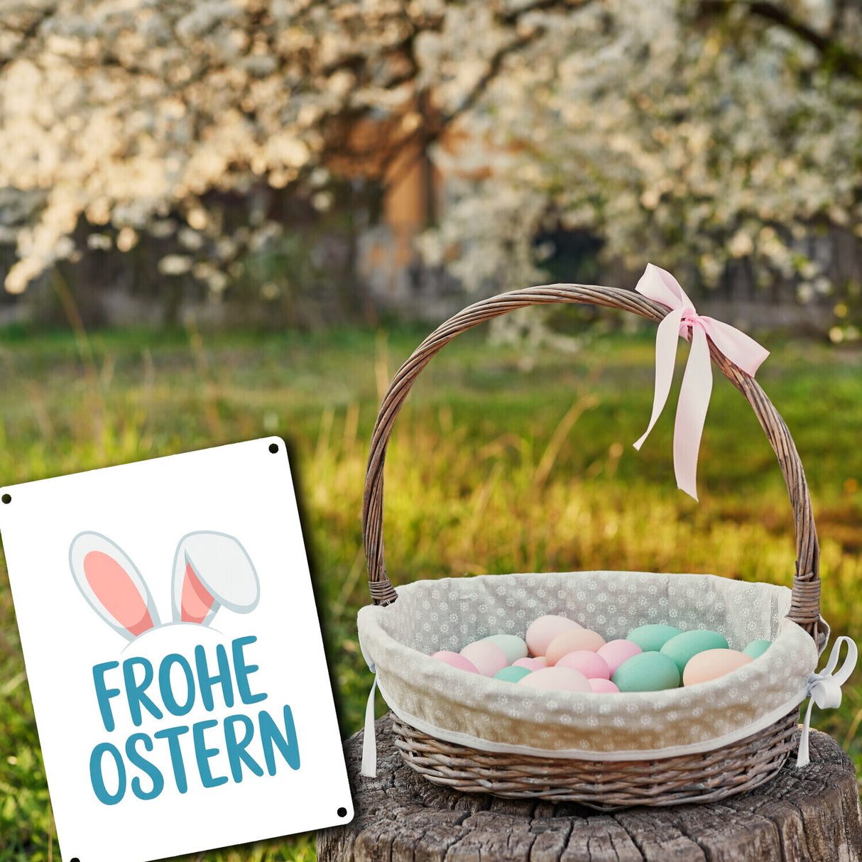 Frohe Ostern Metallschild in 15x20 cm mit niedlichen Hasenohren