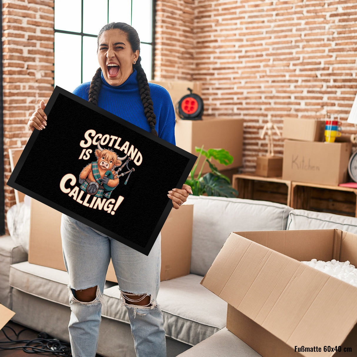 Scotland is calling! Fußmatte in 35x50 cm mit Highland-Kuh-Motiv