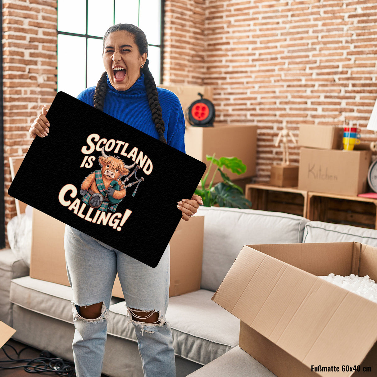 Scotland is calling! Fußmatte in 35x50 cm ohne Rand mit Highland-Kuh-Motiv