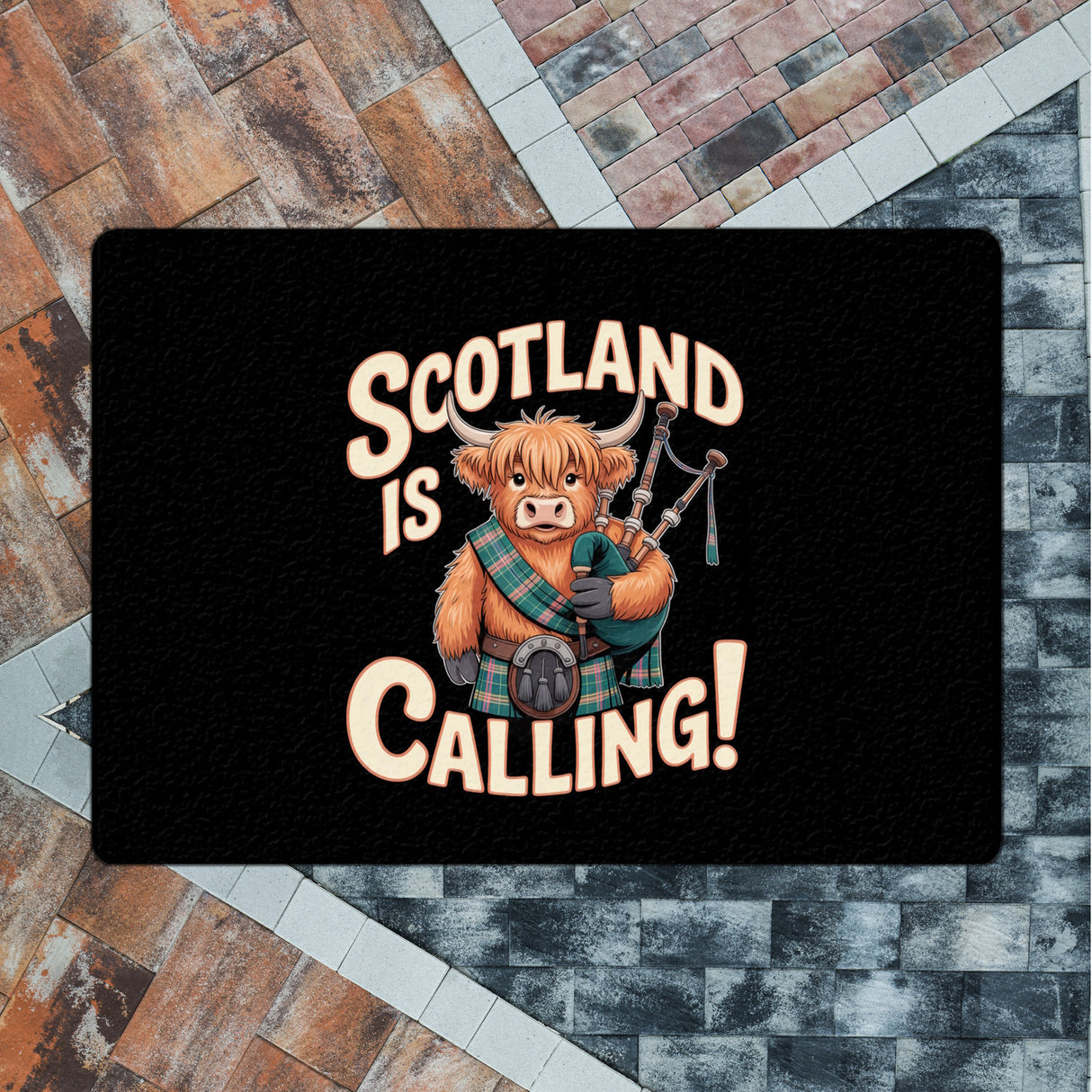 Scotland is calling! Fußmatte in 35x50 cm ohne Rand mit Highland-Kuh-Motiv