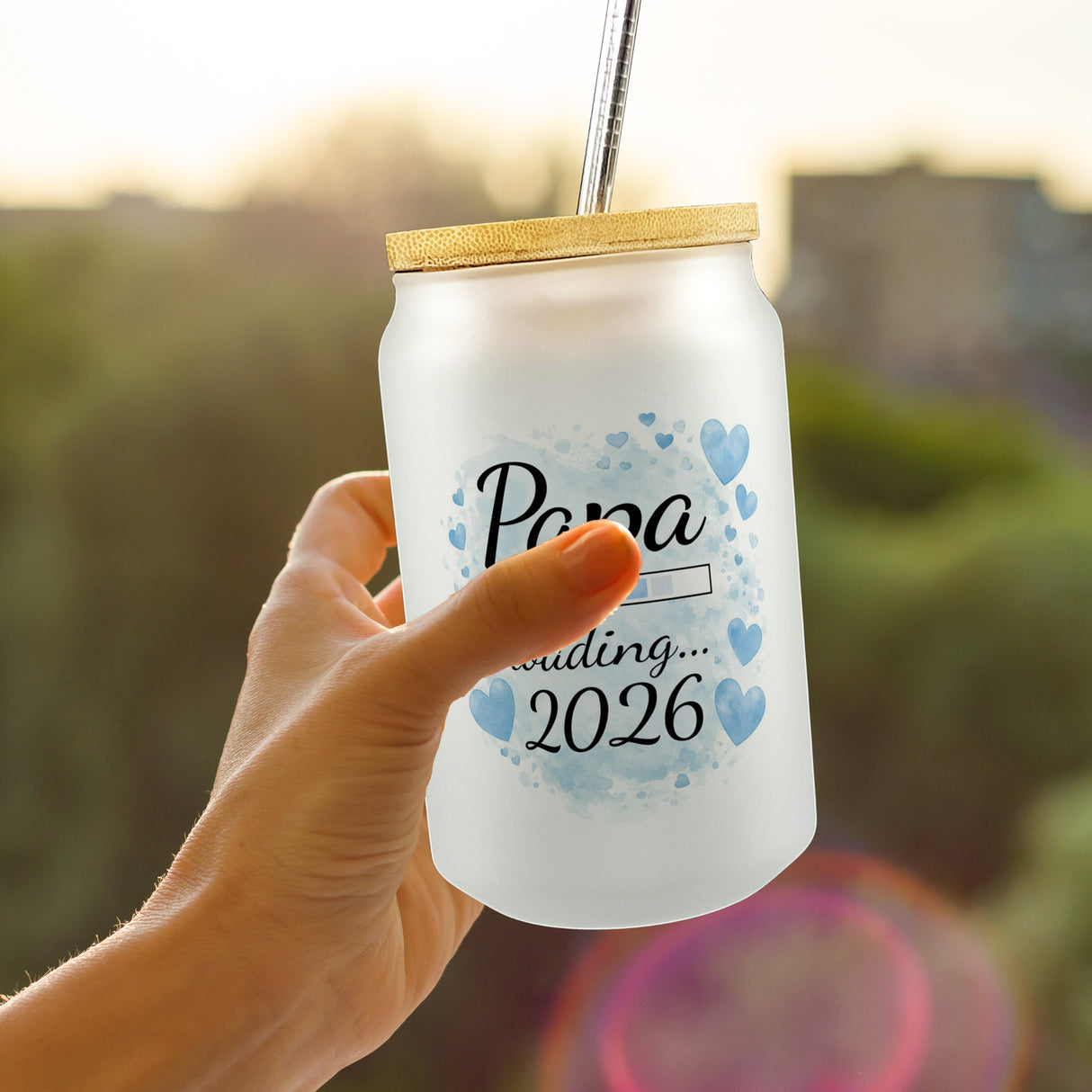 Papa loading... 2026 Trinkglas mit Bambusdeckel für werdende Väter