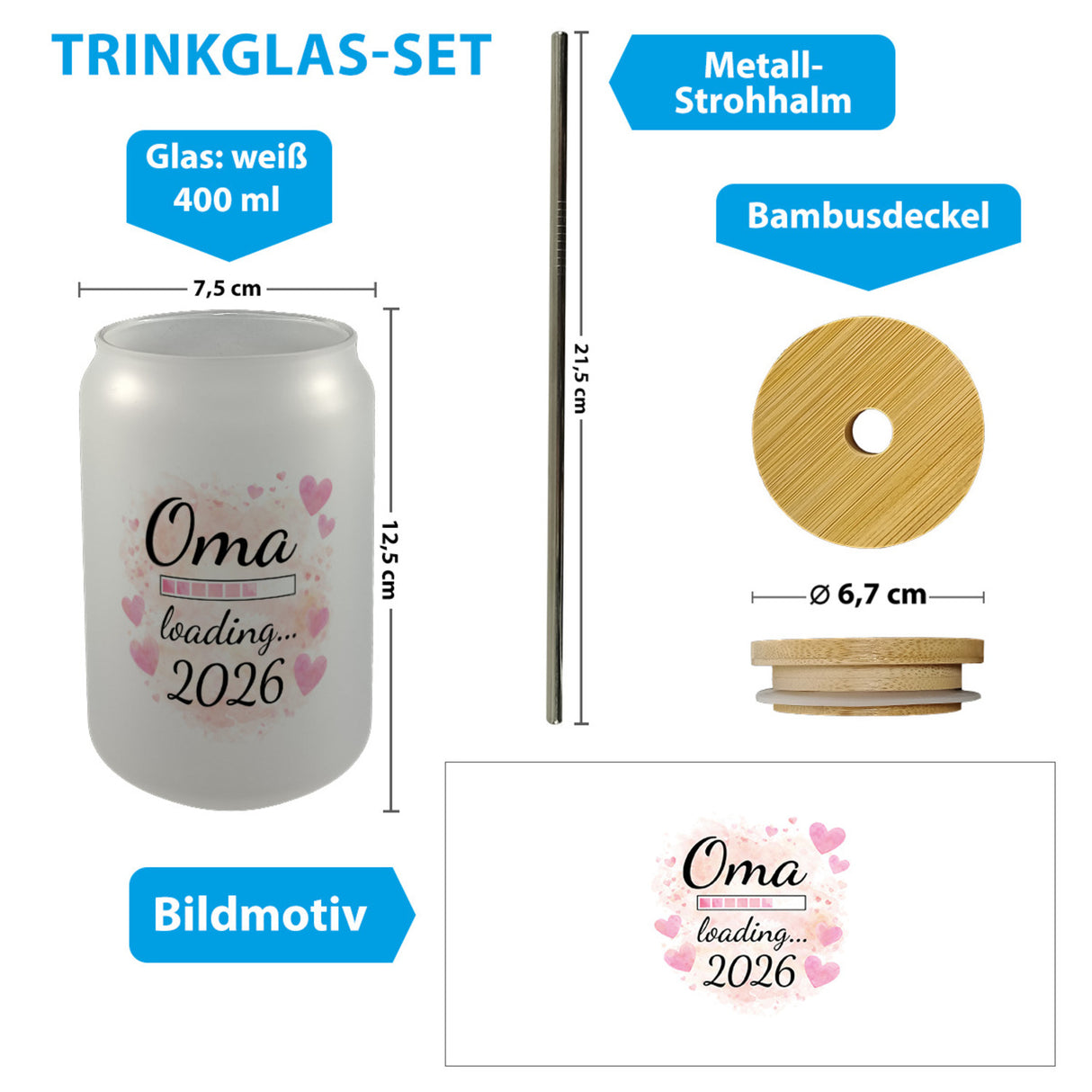 Rosa Herzen Oma Trinkglas mit Bambusdeckel Oma loading... 2026