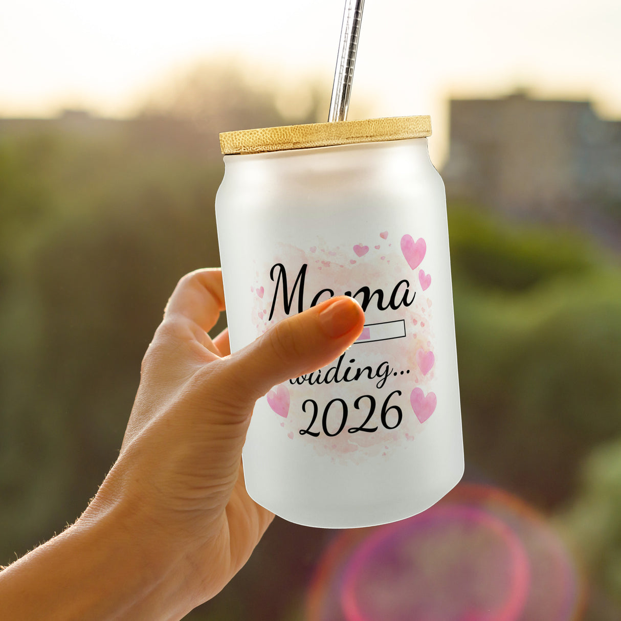 Rosa Herzen Mama Trinkglas mit Bambusdeckel - Mama loading... 2026