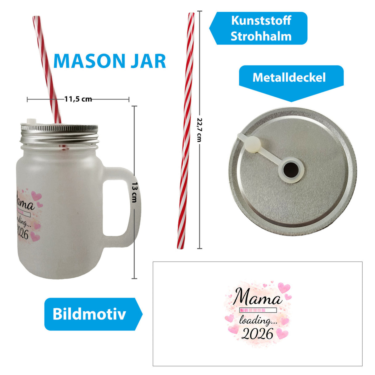 Rosa Herzen Mama Trinkglas mit Bambusdeckel - Mama loading... 2026
