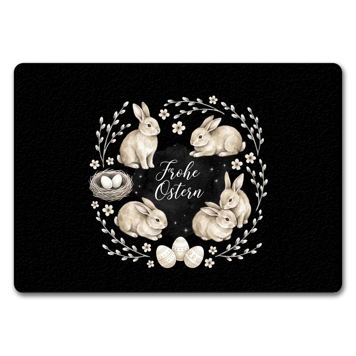 Frohe Ostern Fußmatte in 35x50 cm ohne Rand Haselnussfarbene Kaninchen mit Nest
