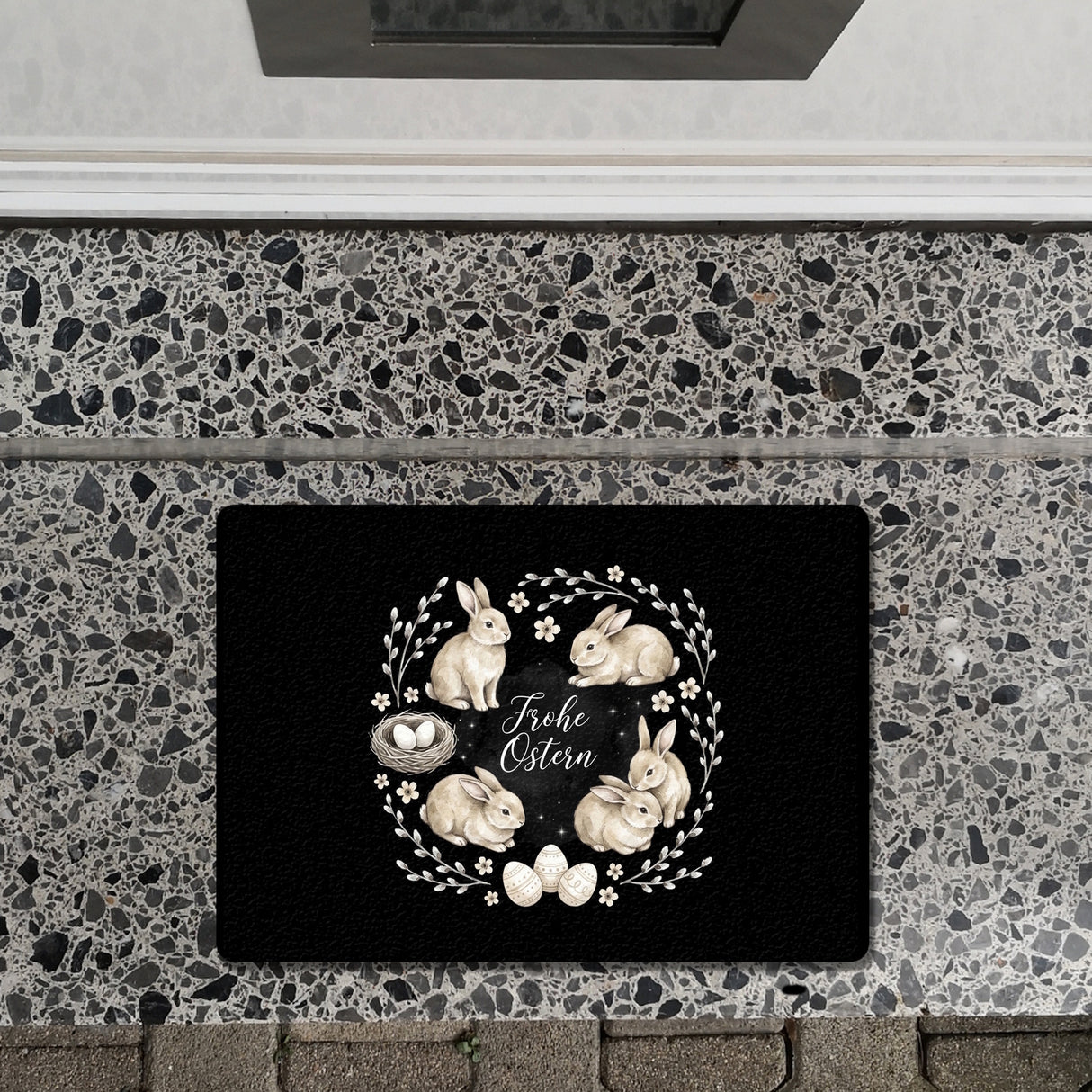 Frohe Ostern Fußmatte in 35x50 cm ohne Rand Haselnussfarbene Kaninchen mit Nest