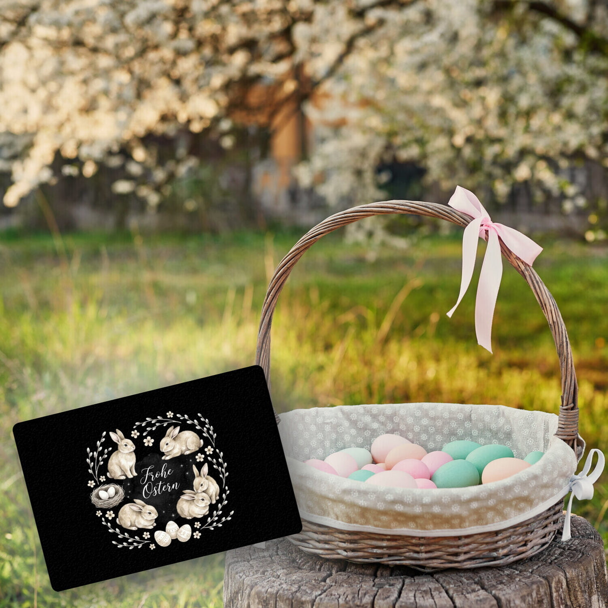 Frohe Ostern Fußmatte in 35x50 cm ohne Rand Haselnussfarbene Kaninchen mit Nest