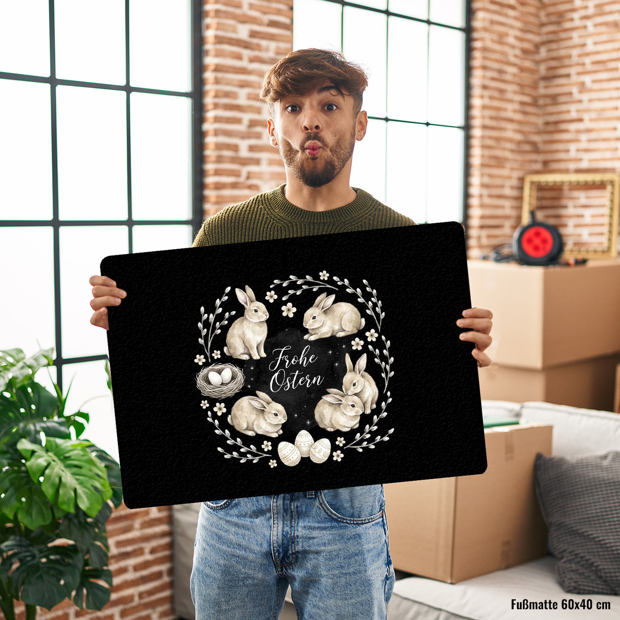 Frohe Ostern Fußmatte in 35x50 cm ohne Rand Haselnussfarbene Kaninchen mit Nest