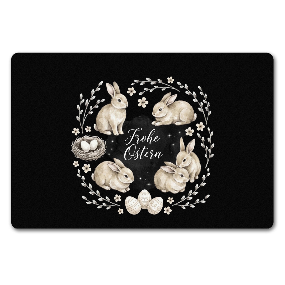 Frohe Ostern Fußmatte in 35x50 cm ohne Rand Haselnussfarbene Kaninchen mit Nest