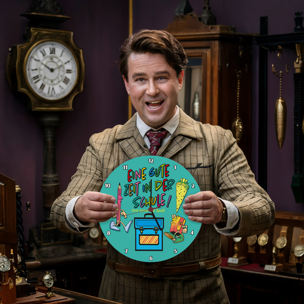 Schulkind Wanduhr mit Spruch: Gute Zeit und viel Spaß!
