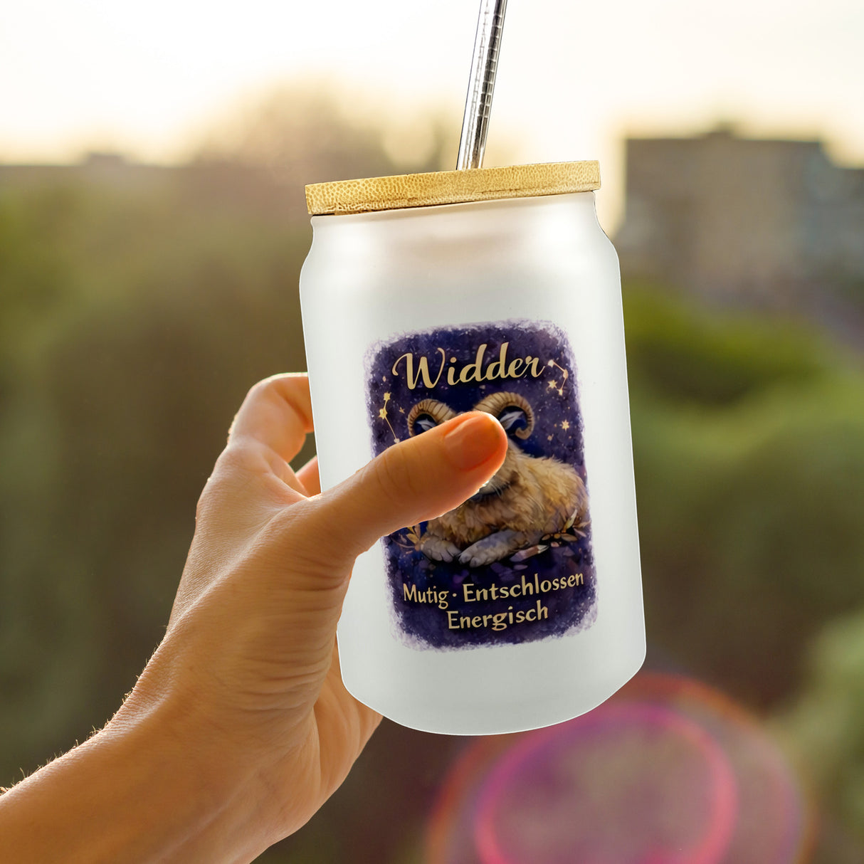 Widder Sternzeichen Cabybara Trinkglas mit Bambusdeckel für Astrologie Fans