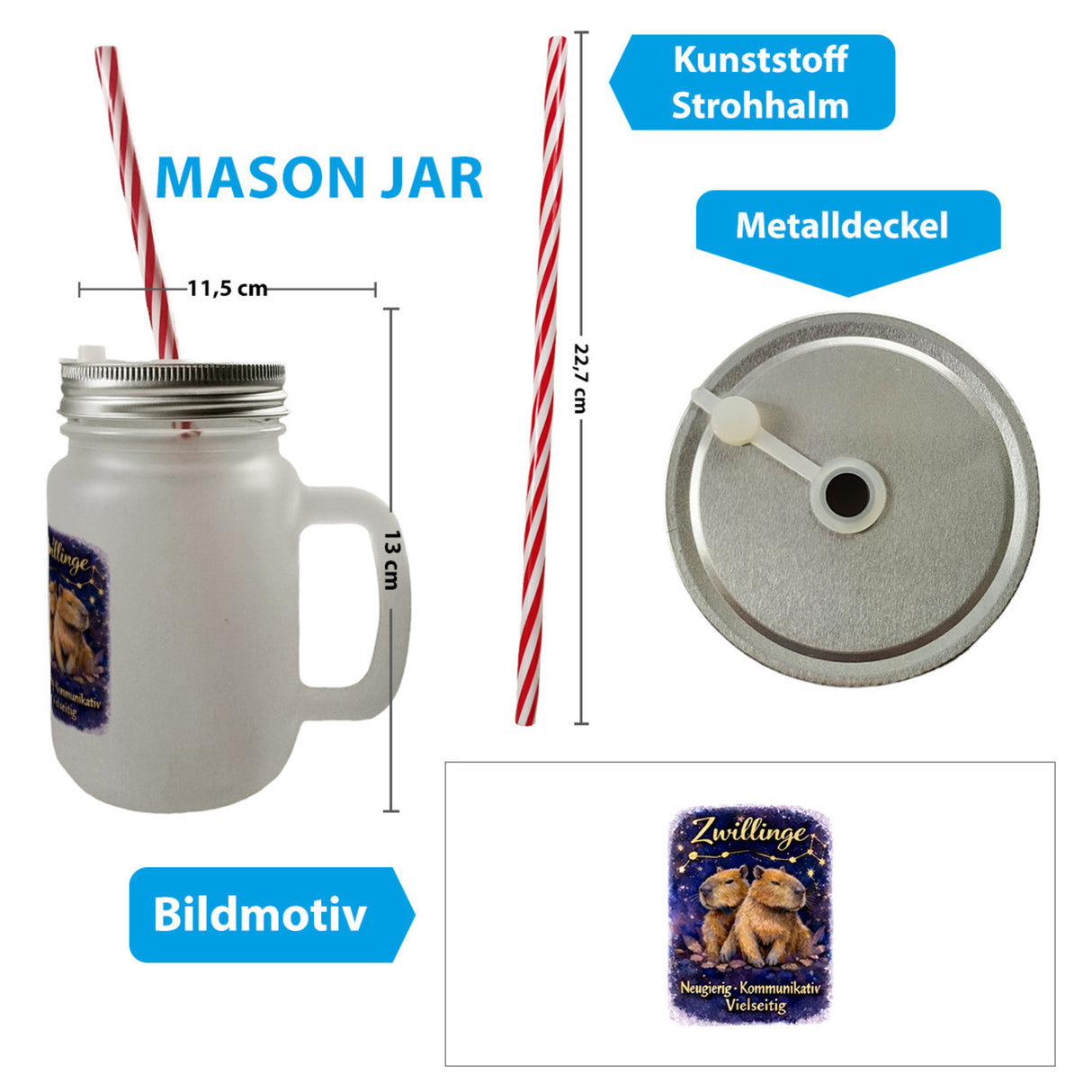 Zwilling Sternzeichen Cabybara Trinkglas mit Bambusdeckel für Astrologie Fans