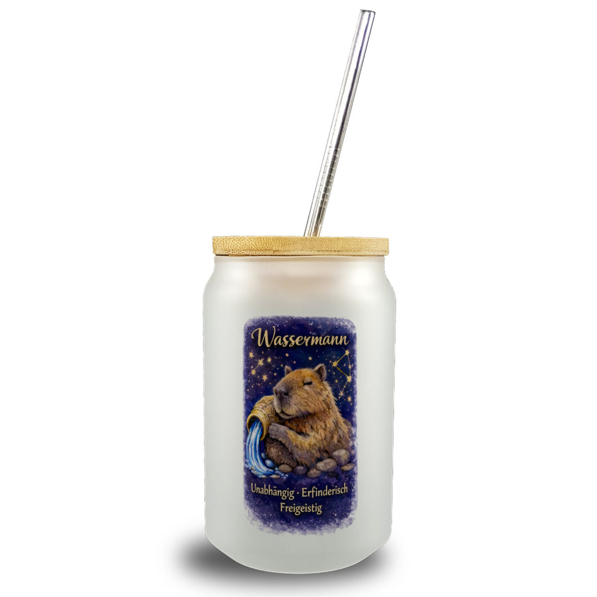 Wassermann Sternzeichen Cabybara Trinkglas mit Bambusdeckel für Astrologie Fans