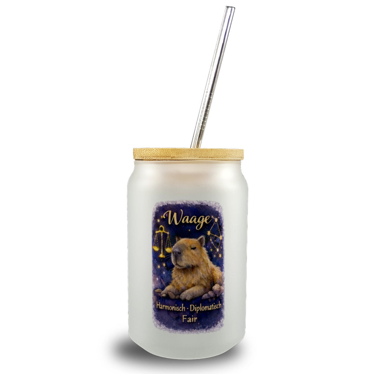 Waage Sternzeichen Cabybara Trinkglas mit Bambusdeckel für Astrologie Fans