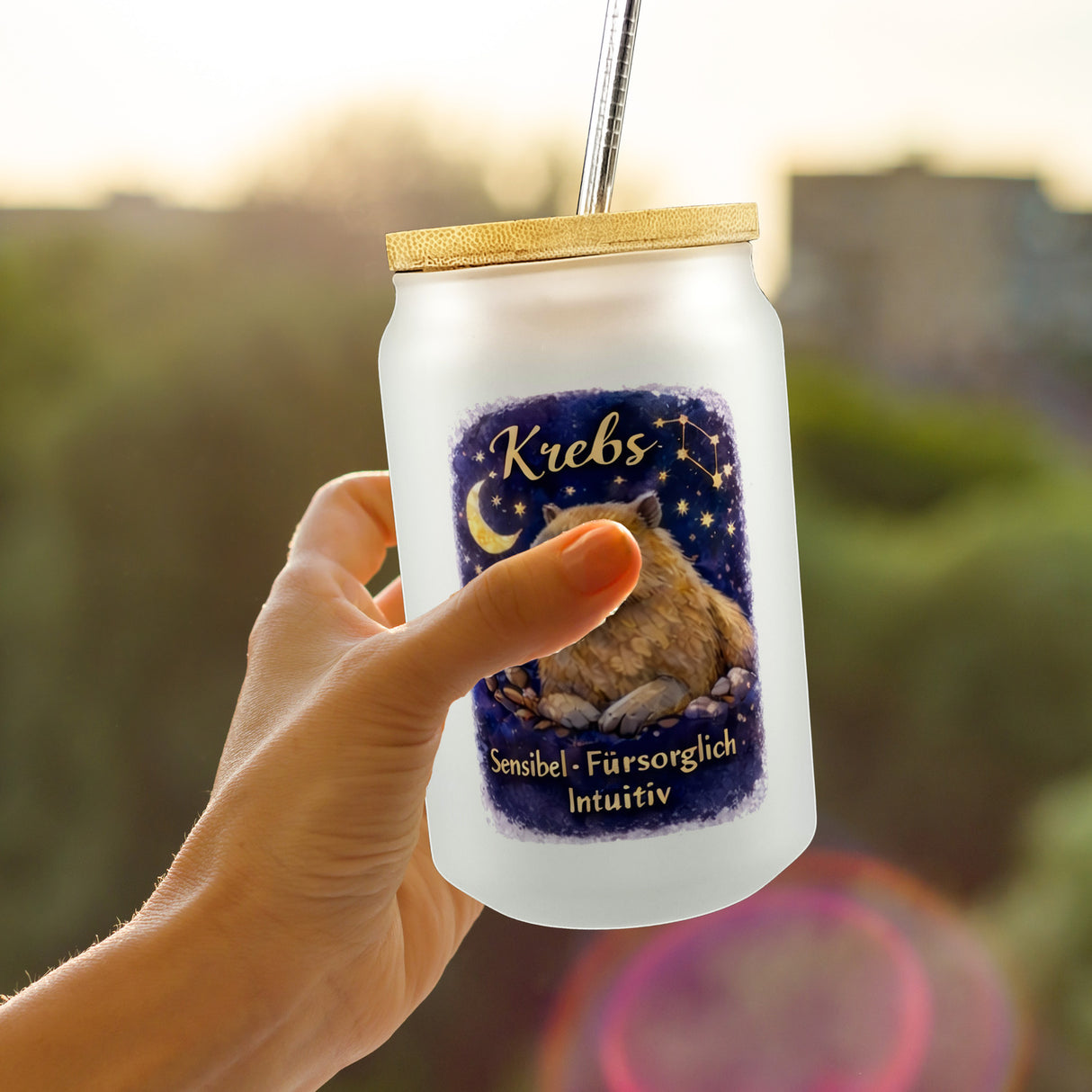 Krebs Sternzeichen Cabybara Trinkglas mit Bambusdeckel für Astrologie Fans