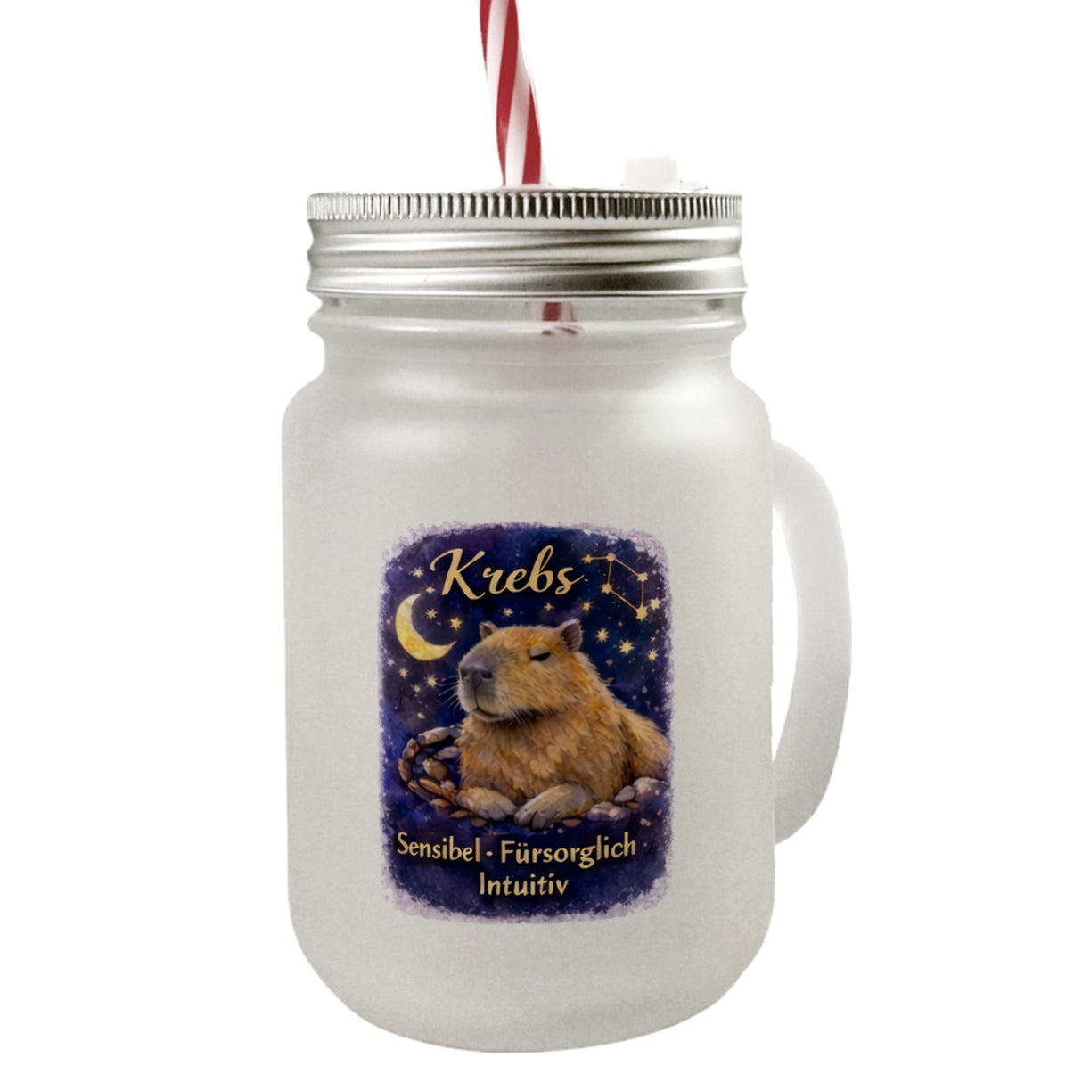 Krebs Sternzeichen Cabybara Trinkglas mit Bambusdeckel für Astrologie Fans