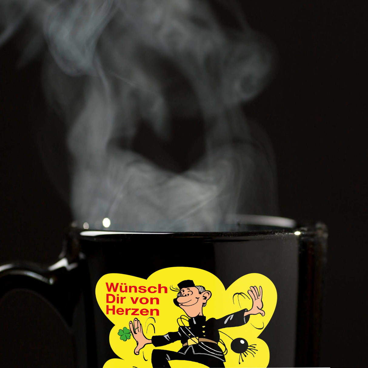 Kaminfeger Tasse in Schwarz mit Spruch: Viel Glück! Du schaffst es!