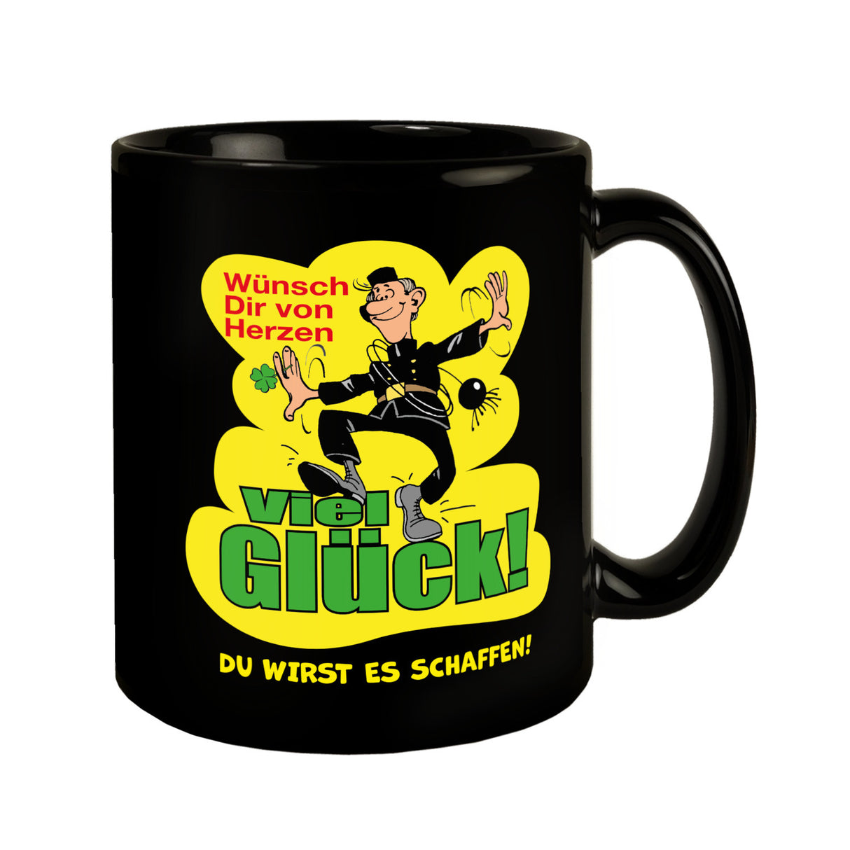 Kaminfeger Tasse in Schwarz mit Spruch: Viel Glück! Du schaffst es!
