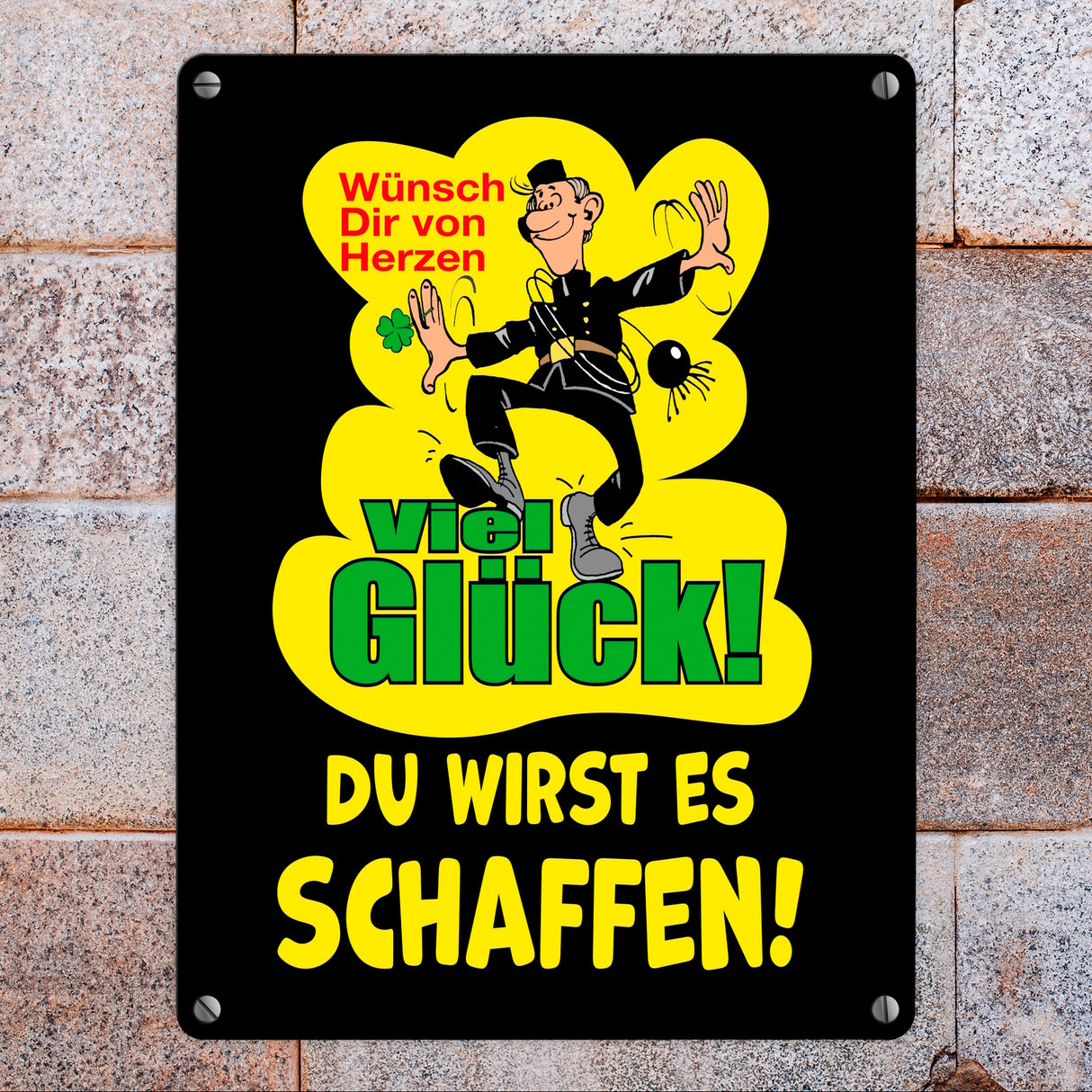 Kaminfeger Metallschild in 15x20 cm mit Spruch: Viel Glück, du schaffst es!