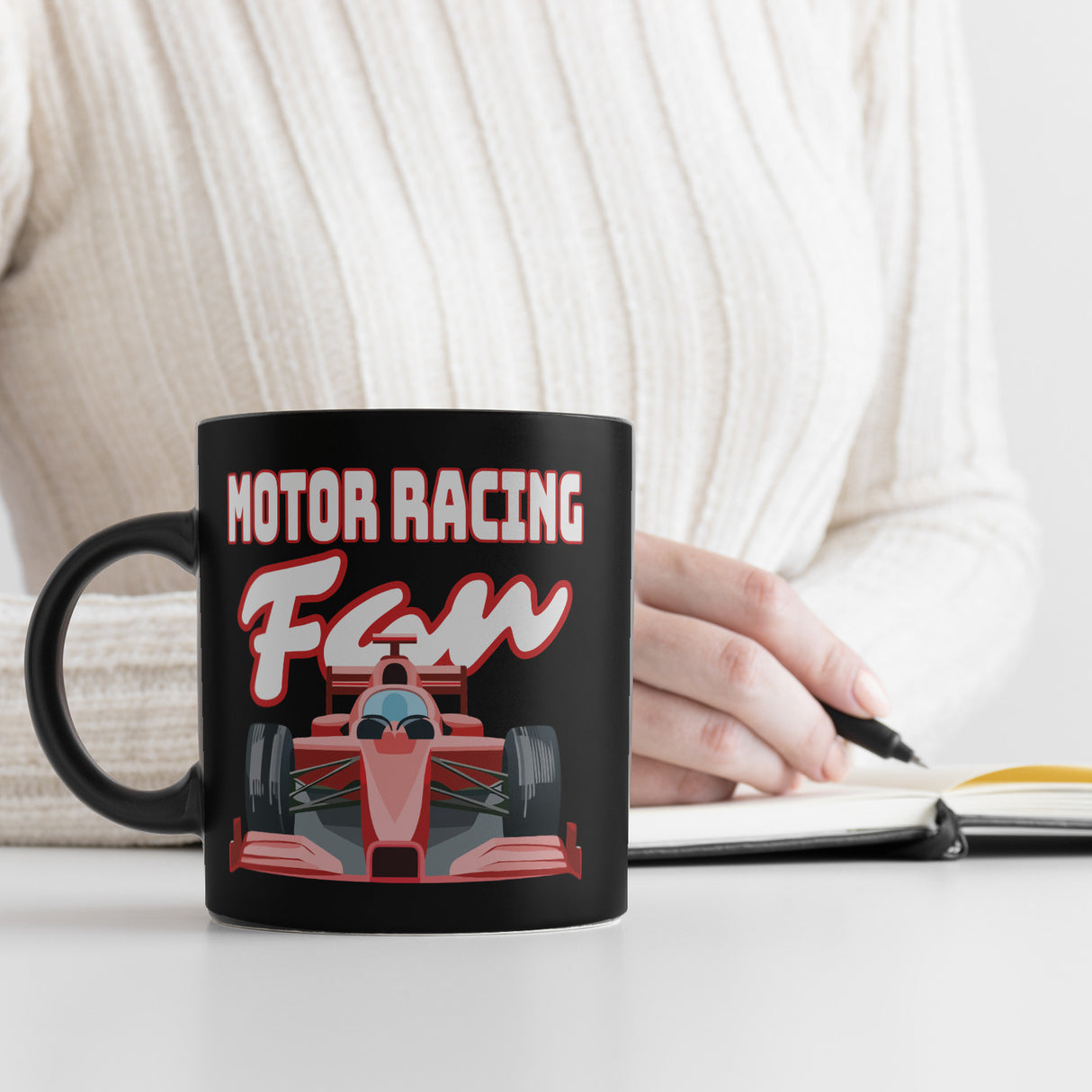 Sportwagen Tasse in Schwarz mit Spruch: Motor Racing Fan