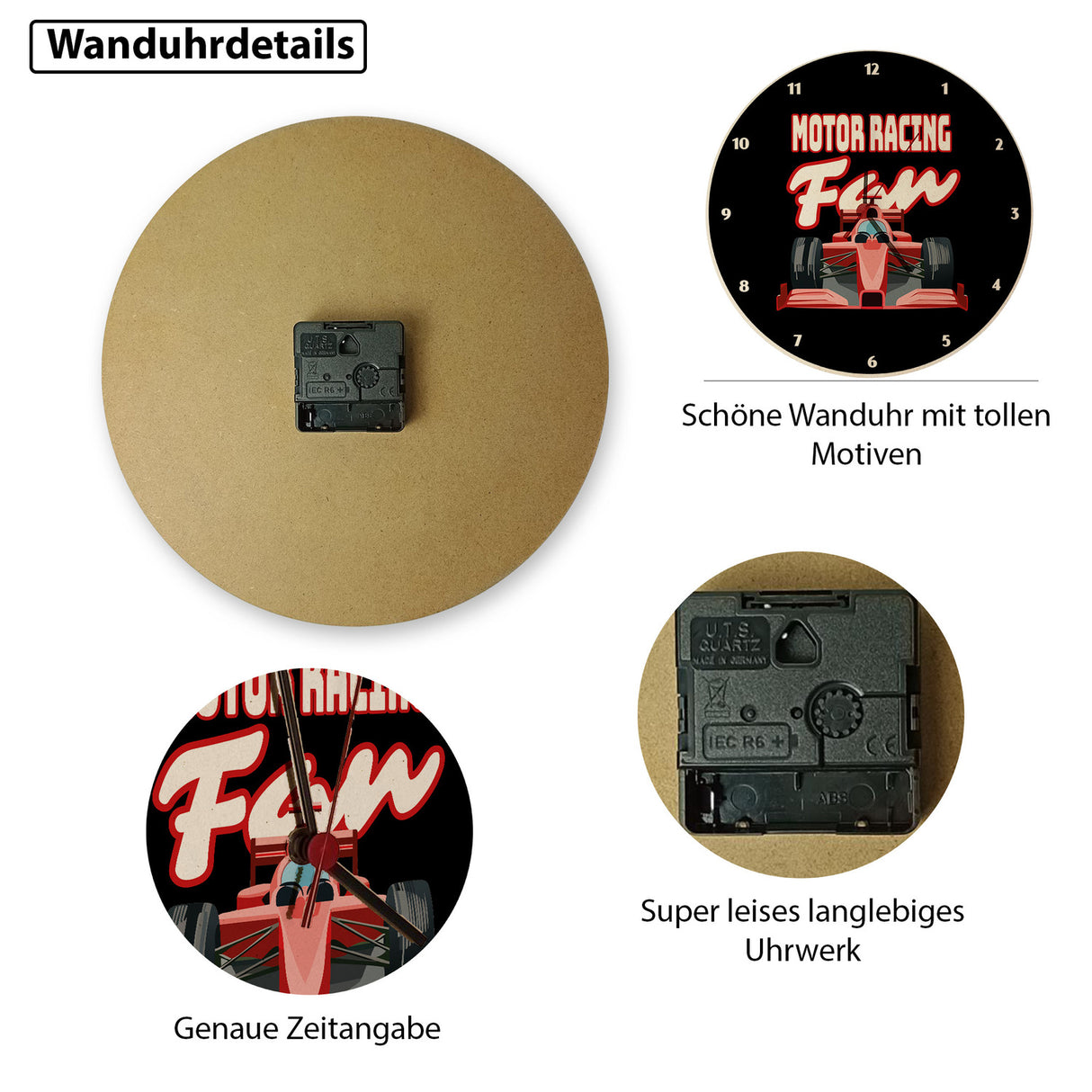 Sportwagen Wanduhr mit Spruch: Motor Racing Fan