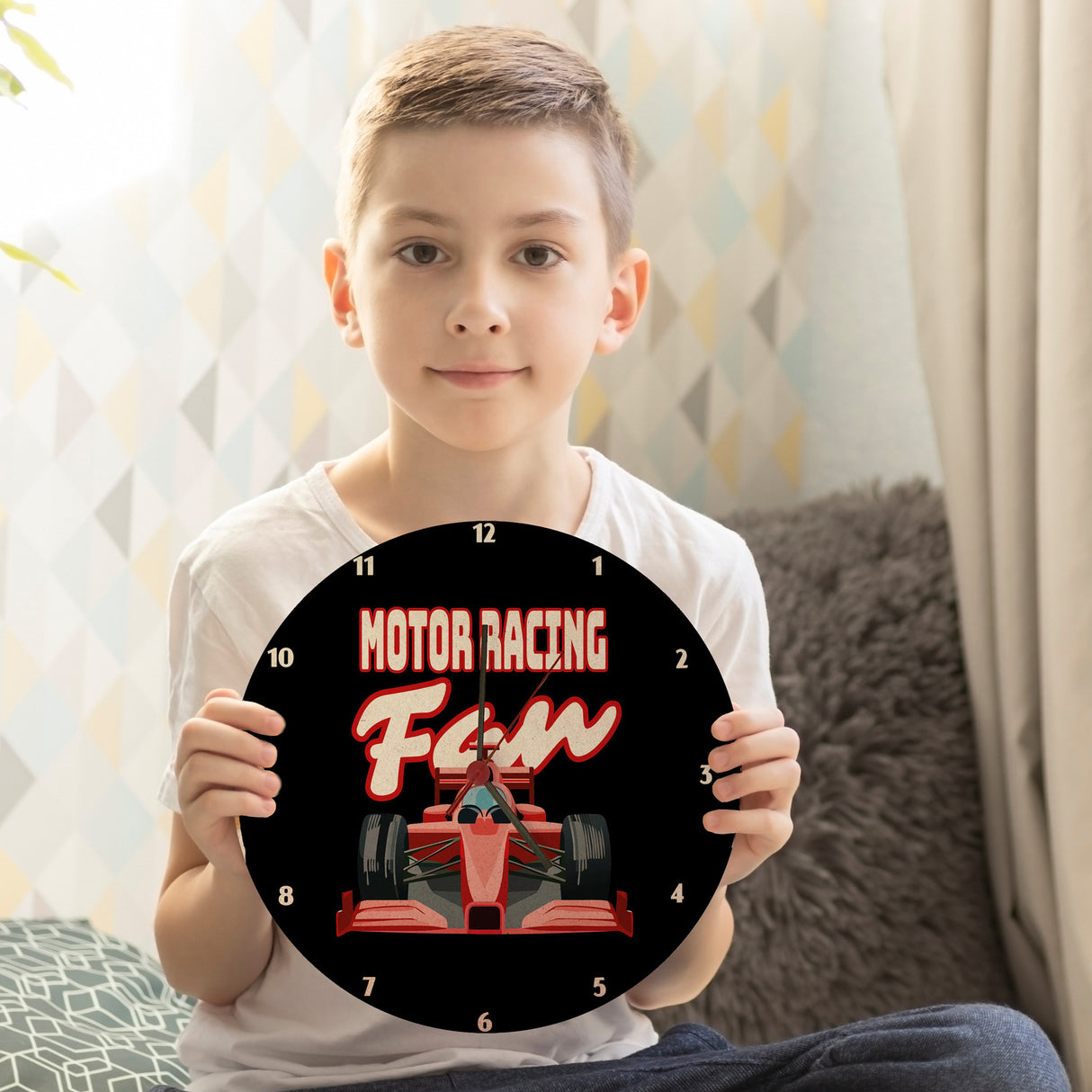 Sportwagen Wanduhr mit Spruch: Motor Racing Fan