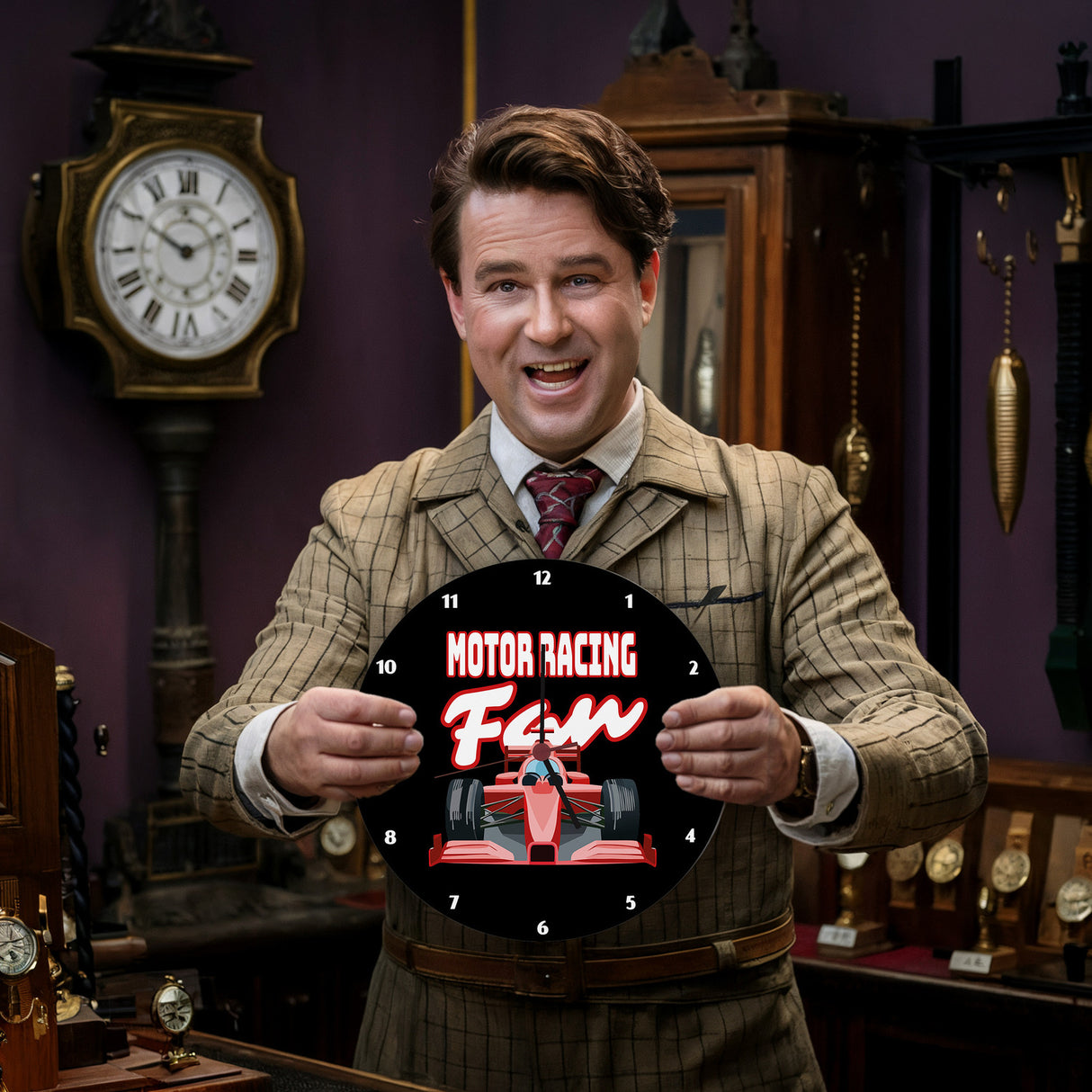 Sportwagen Wanduhr mit Spruch: Motor Racing Fan