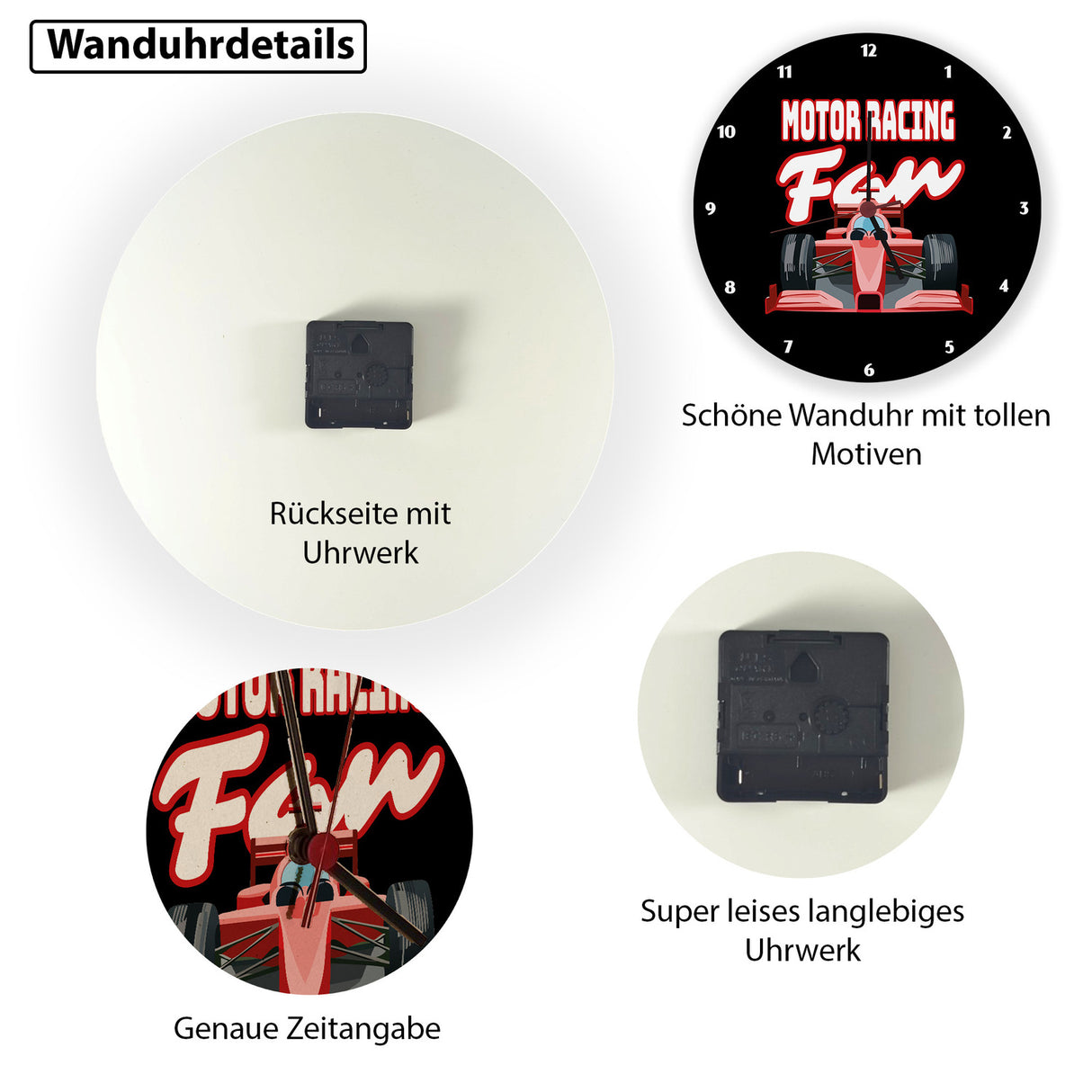 Sportwagen Wanduhr mit Spruch: Motor Racing Fan
