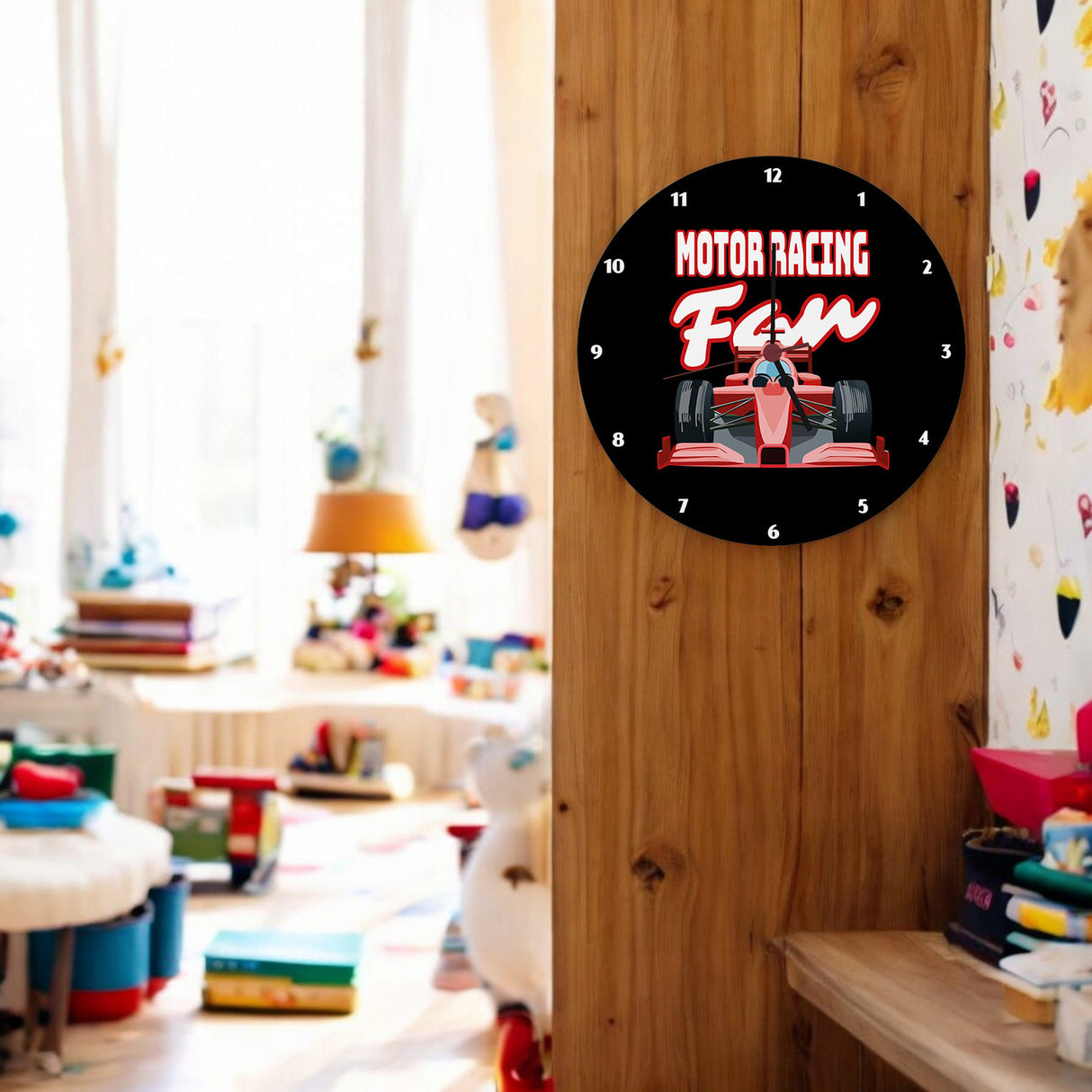 Sportwagen Wanduhr mit Spruch: Motor Racing Fan
