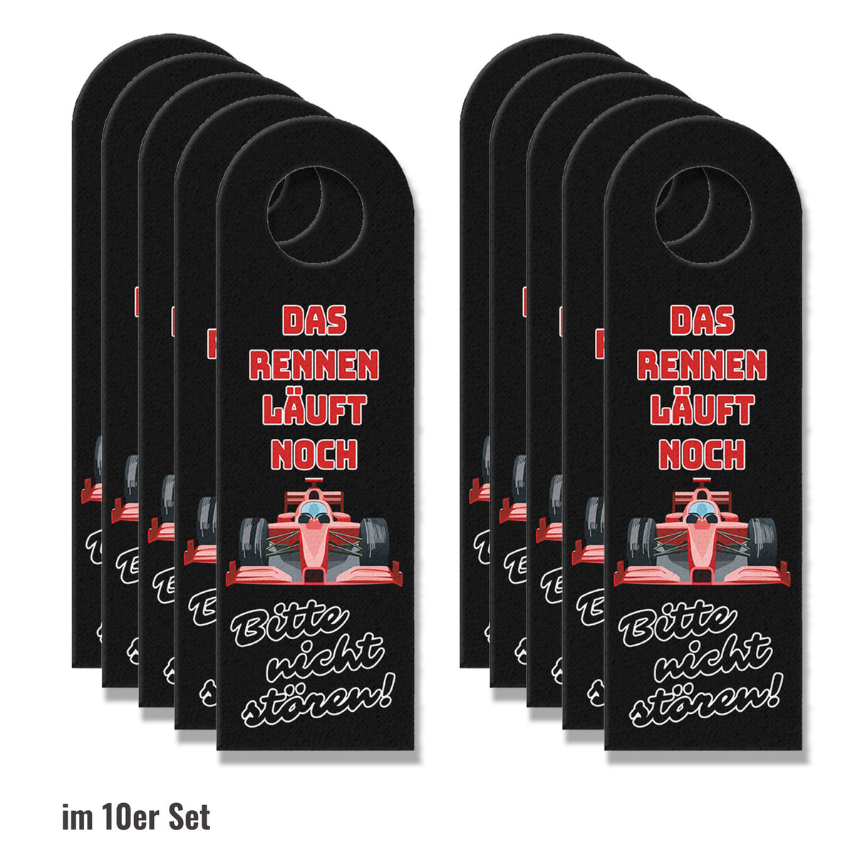 Sportwagen Türhänger mit Spruch: Rennen läuft, bitte nicht stören.