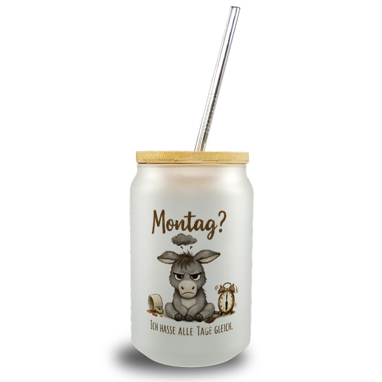 Eddi Esel Ich hasse alle Tage Trinkglas mit Bambusdeckel mit Spruch Montag