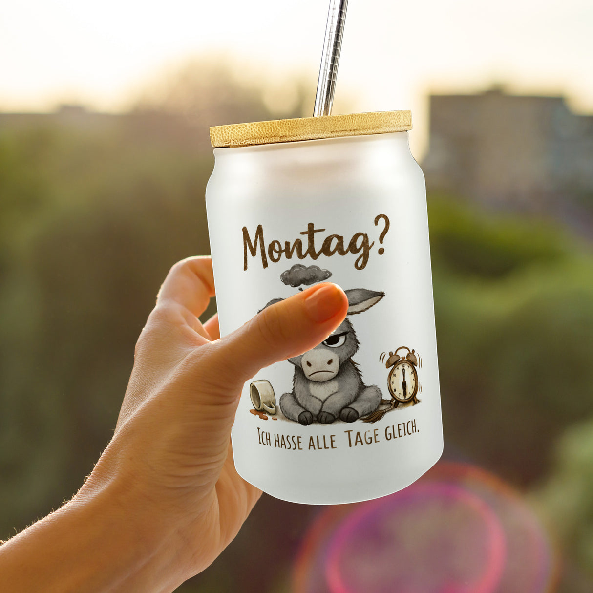Eddi Esel Ich hasse alle Tage Trinkglas mit Bambusdeckel mit Spruch Montag