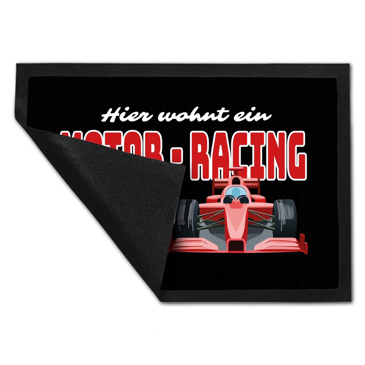 Sportwagen Fußmatte in 35x50 cm mit Spruch: Hier wohnt ein Motor-Racing Fan