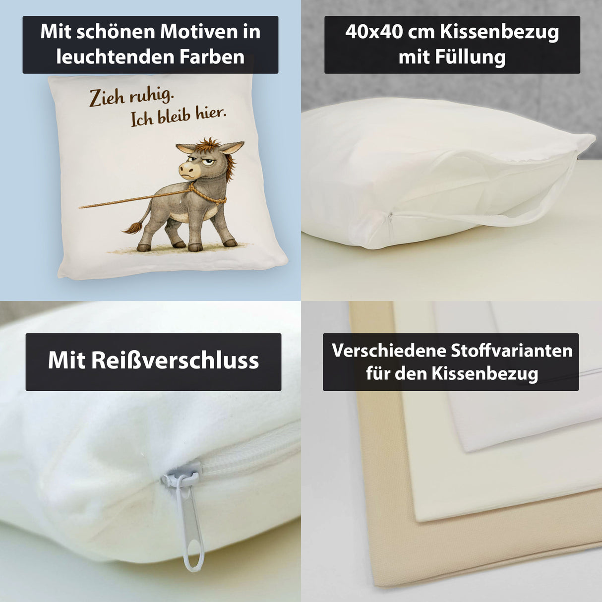 Eddi Esel Zieh ruhig Ich bleib hier Kissen für Eselfans