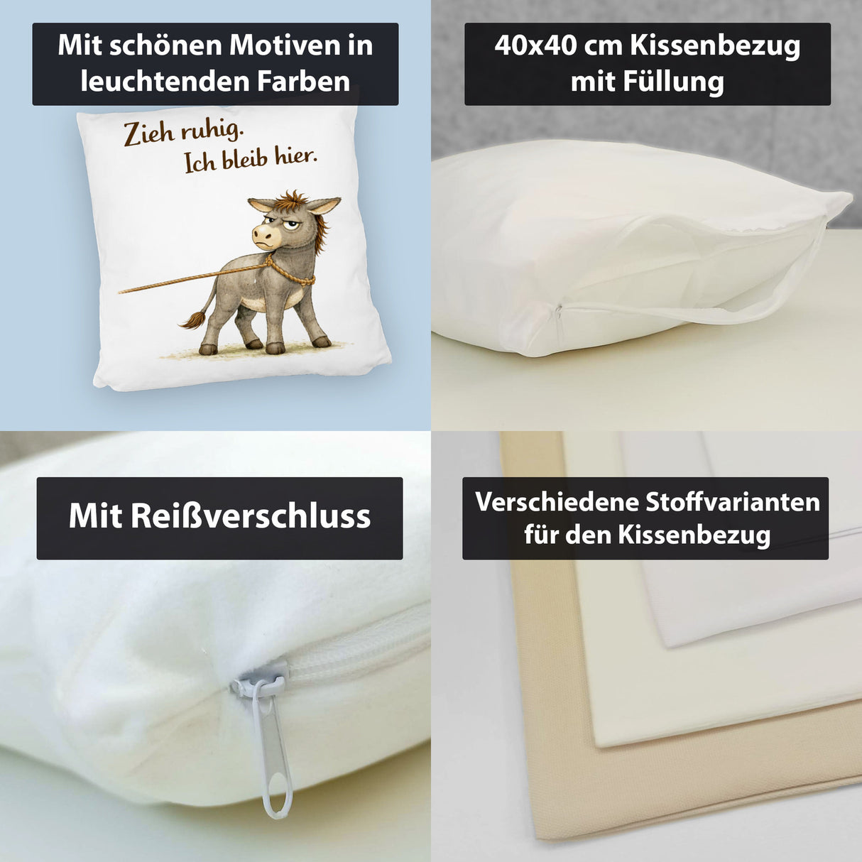 Eddi Esel Zieh ruhig Ich bleib hier Kissen für Eselfans