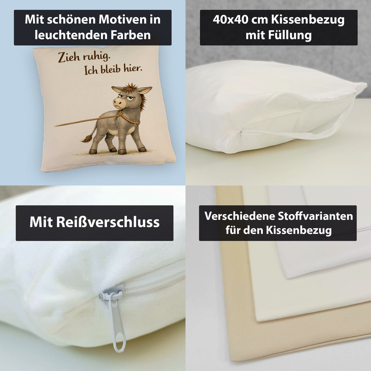 Eddi Esel Zieh ruhig Ich bleib hier Kissen für Eselfans