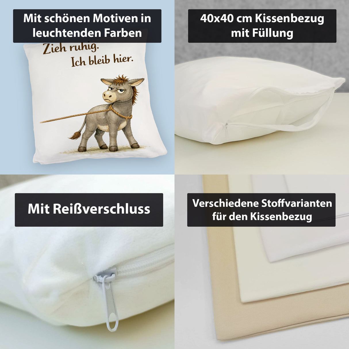 Eddi Esel Zieh ruhig Ich bleib hier Kissen für Eselfans