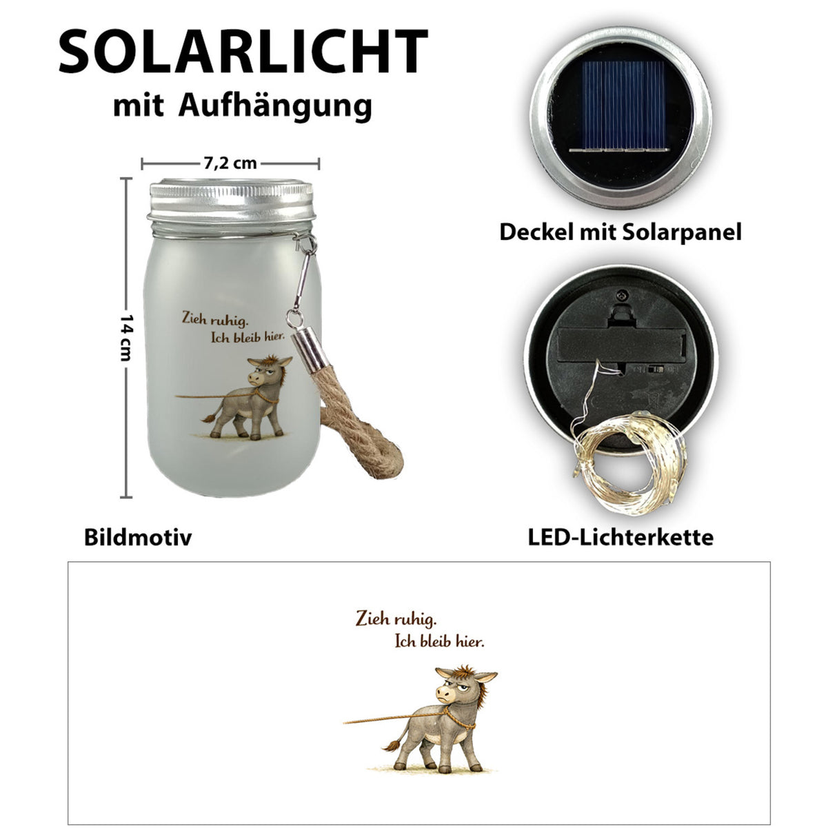 Eddi Esel Zieh ruhig Ich bleib hier Solarlicht für Eselfans